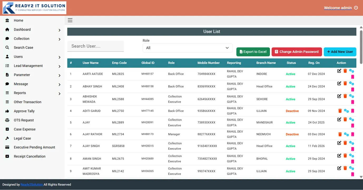 R2S M-Collection web application for head office and branch admin